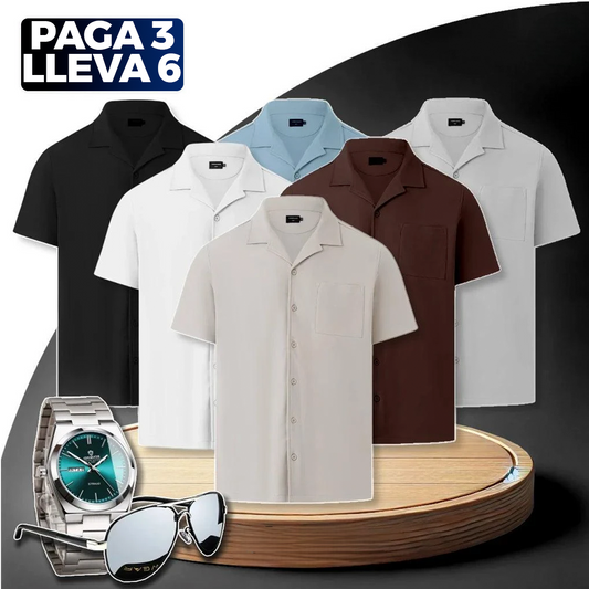 Paga 3, Lleva 6 Kit de Camisas Havana Waffle con Cuello Cubano + REGALOS: Reloj y Gafas | PROMOCIÓN ESPECIAL 30 AÑOS - ENVÍO GRATIS