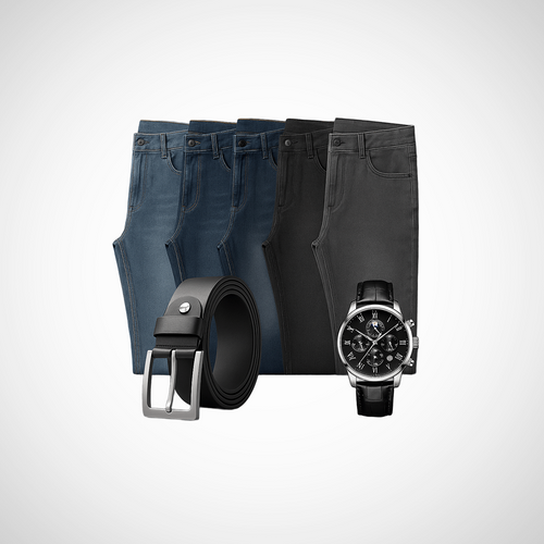Kit 5 Pantalones Masculinos + Cinturón de Cuero y Reloj