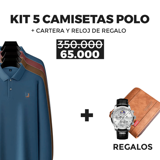 Kit de 5 Camisas: Polo de manga larga + Regalos: Reloj de lujo y Cartera | PROMOCIÓN ESPECIAL 30 AÑOS - ENVÍO GRATIS