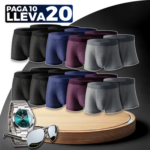 Kit 20 Calzoncillos Bóxer de Fibra de Bambú + Reloj y Gafas