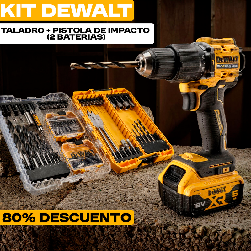 KIT DEWALT ORIGINAL: TALADRO INALÁMBRICO + PISTOLA DE IMPACTO + 26 ACCESORIOS + 2 BATERIAS - CIERRE DE LA TIENDA - ENVÍO GRATIS