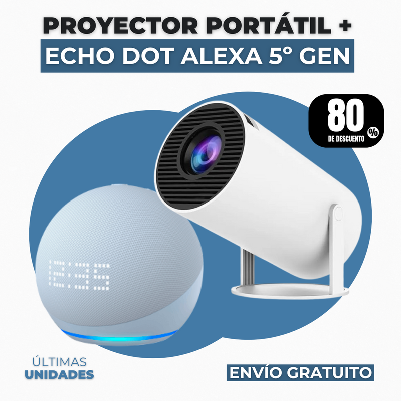 KIT ORIGINAL 2025: ALEXA ECHO DOT (5ª Generación) CON RELOJ + PROYECTOR PORTATIL 4K | QUEDAN 6 UNIDADES - CIERRE DE LA TIENDA - ENVÍO GRATIS (promoción)