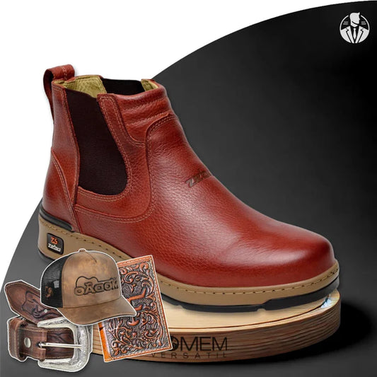 KIT BOTA ORTOPÉDICA MASCULINA ZAMU EN 100% CUERO VACUNO + REGALOS: CINTURÓN, GORRA Y BILLETERA