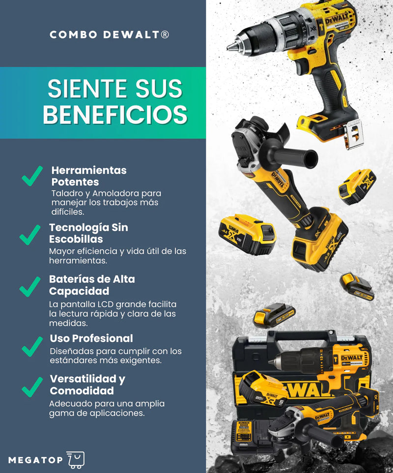 KIT DEWALT ORIGINAL: QUEDAN 6 UNIDADES - TALADRO INALÁMBRICO + AMOLADORA DE ALTO IMPACTO + 26 ACCESORIOS + 2 BATERIAS - PROMOCION CIERRE DE LA TIENDA - ENVÍO GRATIS